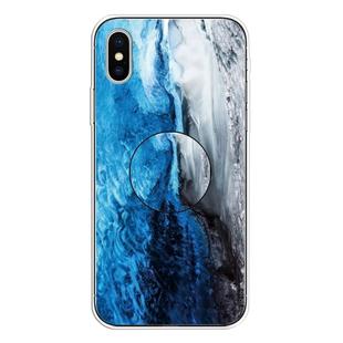 For iPhone XS / X Embossed Varnished Marble TPU Protective Case with Holder(Dark Blue)