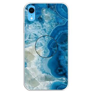 For iPhone XR Embossed Varnished Marble TPU Protective Case with Holder(Light Blue)