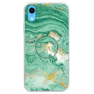 For iPhone XR Embossed Varnished Marble TPU Protective Case with Holder(Dark Green)