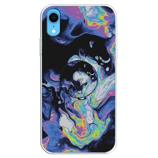 For iPhone XR Embossed Varnished Marble TPU Protective Case with Holder(Deep Purple)
