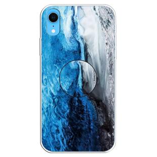 For iPhone XR Embossed Varnished Marble TPU Protective Case with Holder(Dark Blue)