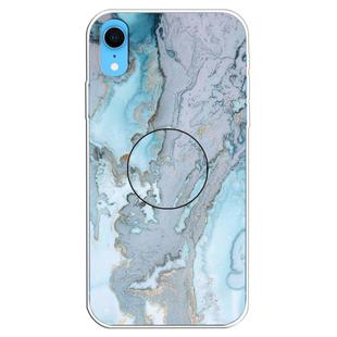 For iPhone XR Embossed Varnished Marble TPU Protective Case with Holder(Silver Blue)