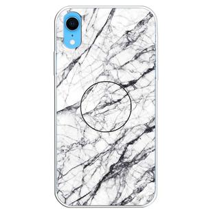 For iPhone XR Embossed Varnished Marble TPU Protective Case with Holder(White)