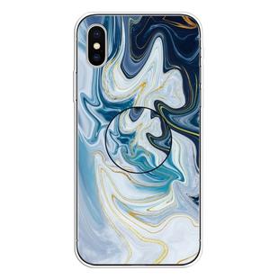 For iPhone XS Max Embossed Varnished Marble TPU Protective Case with Holder(Gold Line Blue)