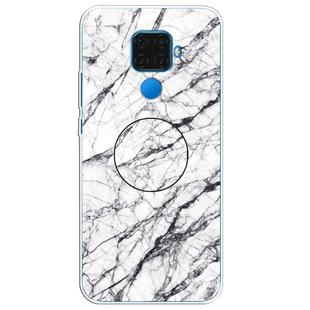 For Huawei Mate 30 Lite Embossed Varnished Marble TPU Protective Case with Holder(White)