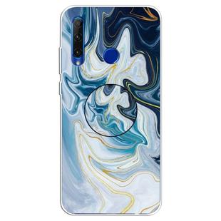 For Huawei P Smart+ 2019 Embossed Varnished Marble TPU Protective Case with Holder(Gold Line Blue)
