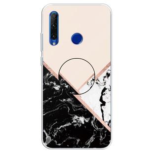 For Huawei P Smart+ 2019 Embossed Varnished Marble TPU Protective Case with Holder(Black White Pink)