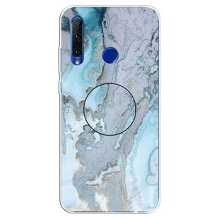 For Huawei P Smart+ 2019 Embossed Varnished Marble TPU Protective Case with Holder(Silver Blue)