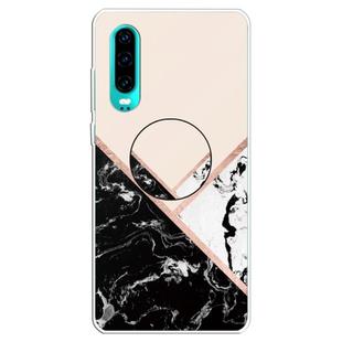For Huawei P30 Embossed Varnished Marble TPU Protective Case with Holder(Black White Pink)