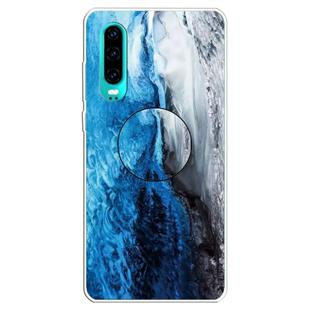 For Huawei P30 Embossed Varnished Marble TPU Protective Case with Holder(Dark Blue)
