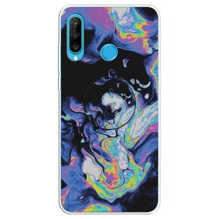 For Huawei P30 Lite Embossed Varnished Marble TPU Protective Case with Holder(Deep Purple)