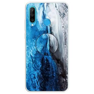 For Huawei P30 Lite Embossed Varnished Marble TPU Protective Case with Holder(Dark Blue)