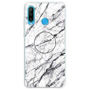 For Huawei P30 Lite Embossed Varnished Marble TPU Protective Case with Holder(White)