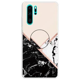 For Huawei P30 Pro Embossed Varnished Marble TPU Protective Case with Holder(Black White Pink)