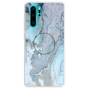 For Huawei P30 Pro Embossed Varnished Marble TPU Protective Case with Holder(Silver Blue)