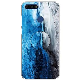 For Huawei Y6 Prime (2018) Embossed Varnished Marble TPU Protective Case with Holder(Dark Blue)