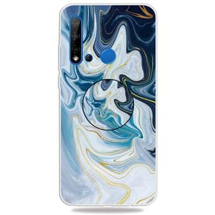 For Huawei P20 lite (2019) Embossed Varnished Marble TPU Protective Case with Holder(Gold Line Blue)