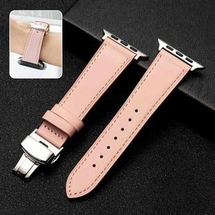 Butterfly Clasp  Top Layer Cowhide Leather Strap Watch Band For Apple Watch Series 8&7 41mm / SE 2&6&SE&5&4 40mm / 3&2&1 38mm(Pink)