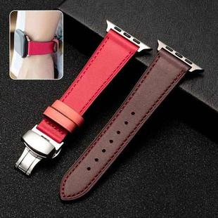 Butterfly Clasp  Top Layer Cowhide Leather Strap Watch Band For Apple Watch Series 8&7 41mm / SE 2&6&SE&5&4 40mm / 3&2&1 38mm(Red)