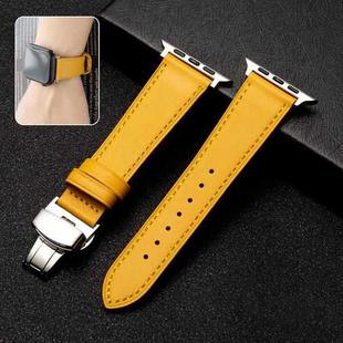 Butterfly Clasp  Top Layer Cowhide Leather Strap Watch Band For Apple Watch Series 8&7 41mm / SE 2&6&SE&5&4 40mm / 3&2&1 38mm(Yellow)