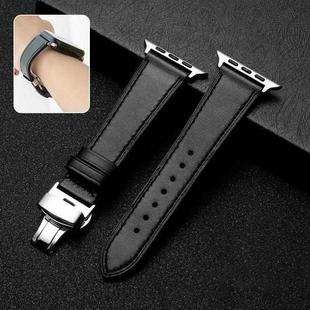 Butterfly Clasp  Top Layer Cowhide Leather Strap Watch Band For Apple Watch Series 7 45mm / 6 & SE & 5 & 4 44mm / 3 & 2 & 1 42mm(Black)