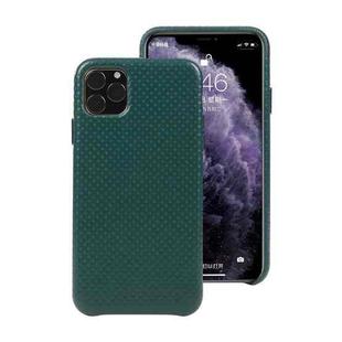 For iPhone 11 Mesh Texture Cowhide Leather Back Cover Semi-wrapped Shockproof Case (Dark Green)