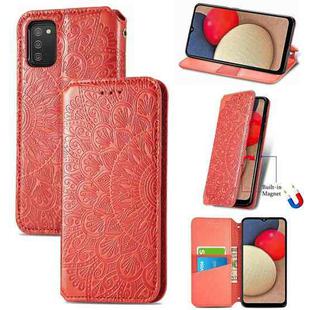 For Samsung Galaxy A03s 166mm Blooming Mandala Embossed Pattern Magnetic Horizontal Flip Leather Case with Holder & Card Slots & Wallet(Red)