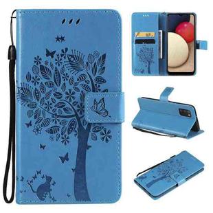 For Samsung Galaxy A03s 166mm Tree & Cat Pattern Pressed Printing Horizontal Flip PU Leather Case with Holder & Card Slots & Wallet & Lanyard(Blue)