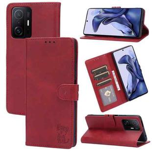 For Xiaomi Redmi 10 Embossed Happy Cat Pattern Horizontal Flip Leather Case with Holder & Card Slots & Wallet(Red)