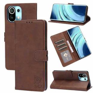 For Xiaomi Mi 11 Embossed Happy Cat Pattern Horizontal Flip Leather Case with Holder & Card Slots & Wallet(Brown)