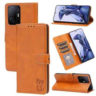 For Xiaomi Mi 11T Embossed Happy Cat Pattern Horizontal Flip Leather Case with Holder & Card Slots & Wallet(Yellow)