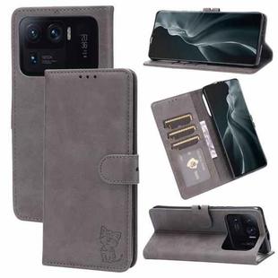 For Xiaomi Mi 11 Ultra Embossed Happy Cat Pattern Horizontal Flip Leather Case with Holder & Card Slots & Wallet(Grey)