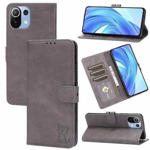 For Xiaomi Mi 11 Lite Embossed Happy Cat Pattern Horizontal Flip Leather Case with Holder & Card Slots & Wallet(Grey)