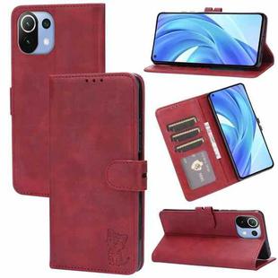 For Xiaomi Mi 11 Lite Embossed Happy Cat Pattern Horizontal Flip Leather Case with Holder & Card Slots & Wallet(Red)