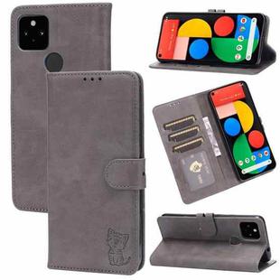 For Google Pixel 5a 5G Embossed Happy Cat Pattern Horizontal Flip Leather Case with Holder & Card Slots & Wallet(Grey)
