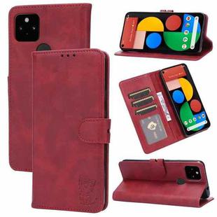 For Google Pixel 5a 5G Embossed Happy Cat Pattern Horizontal Flip Leather Case with Holder & Card Slots & Wallet(Red)