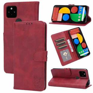 For Google Pixel 5 XL Embossed Happy Cat Pattern Horizontal Flip Leather Case with Holder & Card Slots & Wallet(Red)