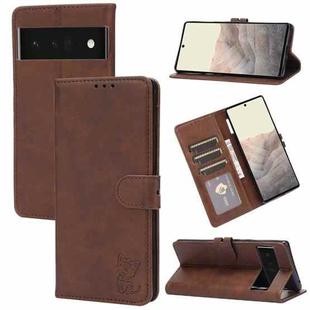 For Google Pixel 6 Embossed Happy Cat Pattern Horizontal Flip Leather Case with Holder & Card Slots & Wallet(Brown)