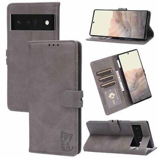 For Google Pixel 6 Pro Embossed Happy Cat Pattern Horizontal Flip Leather Case with Holder & Card Slots & Wallet(Grey)