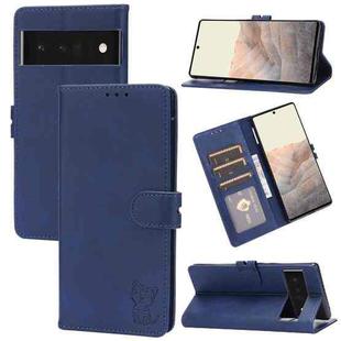 For Google Pixel 6 Pro Embossed Happy Cat Pattern Horizontal Flip Leather Case with Holder & Card Slots & Wallet(Blue)