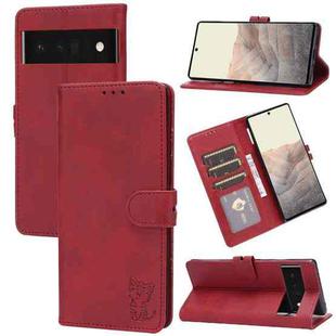 For Google Pixel 6 Pro Embossed Happy Cat Pattern Horizontal Flip Leather Case with Holder & Card Slots & Wallet(Red)