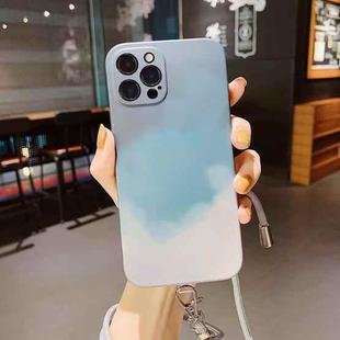 For iPhone 12 mini Watercolor TPU Shockproof Phone Case with Neck Lanyard (Cyan Green)