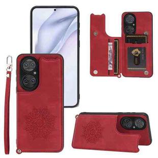 For Huawei P50 Mandala Embossed PU + TPU Magnetic Case with Card Slots & Holder & Lanyard(Red)