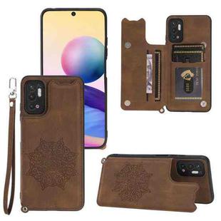 For Xiaomi Redmi Note 10 5G Mandala Embossed PU + TPU Magnetic Case with Card Slots & Holder & Lanyard(Brown)