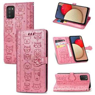 For Samsung Galaxy A03s 166mm Cute Cat and Dog Embossed Horizontal Flip Leather Case with Holder & Card Slots & Wallet & Lanyard(Pink)