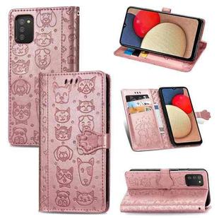 For Samsung Galaxy A03s 166mm Cute Cat and Dog Embossed Horizontal Flip Leather Case with Holder & Card Slots & Wallet & Lanyard(Rose Gold)