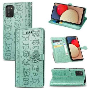 For Samsung Galaxy A03s 166mm Cute Cat and Dog Embossed Horizontal Flip Leather Case with Holder & Card Slots & Wallet & Lanyard(Green)