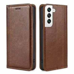 For Samsung Galaxy S22+ 5G Grid Texture Magnetic PU + TPU Horizontal Flip Leather Case with Holder & Card Slot(Brown)