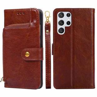 For Samsung Galaxy S22 Ultra 5G Zipper Bag PU + TPU Horizontal Flip Leather Case with Holder & Card Slot & Wallet & Lanyard(Brown)