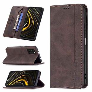 For Xiaomi Poco M3/Redmi Note 9 4G CN Version Magnetic RFID Blocking Anti-Theft Leather Case with Holder & Card Slots & Wallet(Brown)